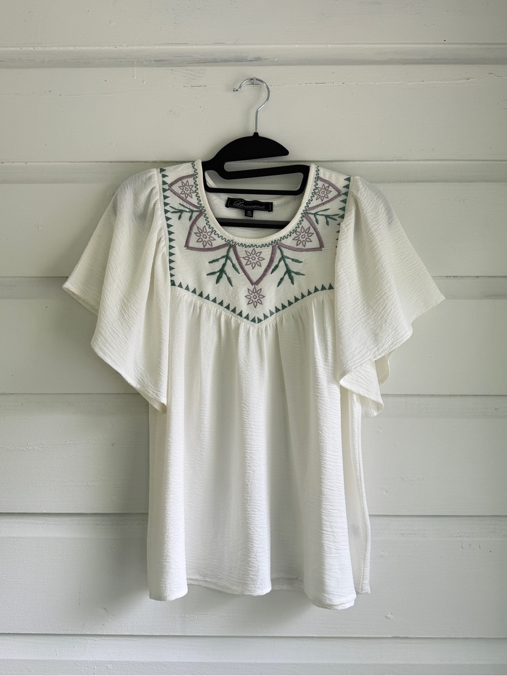 Versona White Embroidered Flutter-Sleeve Peasant Top